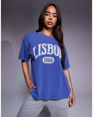 Kaiia Cotton Rich Exclusive Lisbon Washed Graphic Oversized T-Shirt - Blue