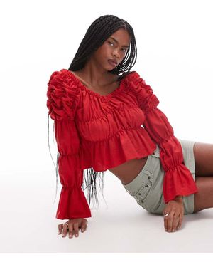 laagam Sadie Linen Ruched Blouse - Red