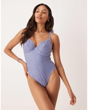 Peek & Beau – badeanzug mit gebundenen trägern und marine-weißen vichy-karos - Blau