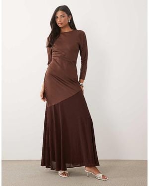 TFNC London Satin Bias Boat Neck Long Sleeve Asymmetric Chiffon Skirt Maxi Dress - Brown