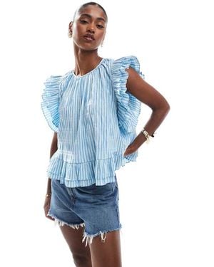 Object Blusa Azul Luminoso A Rayas Con Detalle De Volante De