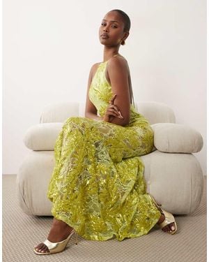 ASOS Embellished Lace High Neck Maxi Dress With Full Godet Hem - Green