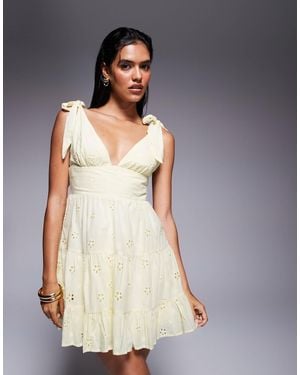 Princess Polly Broderie Tie Shoulder Plunge Tiered Mini Dress - Yellow