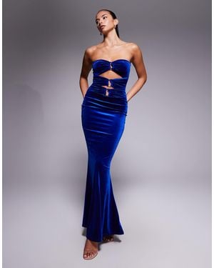 Murci Exclusive Velvet Bandeau Gold Hardware Cut Out Detail Bodycon Fishtail Maxi Dress - Blue