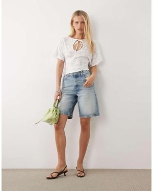 Miss Selfridge Burnout Short Sleeve Keyhole Top With Picot Trim - Blue