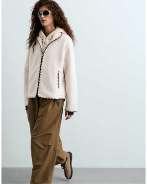 Oysho High-neck Faux-shearling Jacket With Contrast Stitching - White