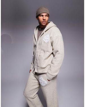 The Couture Club Fluffy Knit Emblem Zip Through Hoodie - Natural