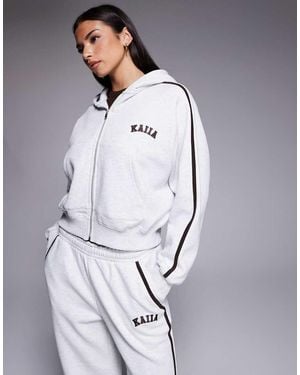 Kaiia Cotton-rich Embroidered Logo Side Stripe Zip-through Hoodie - Grey