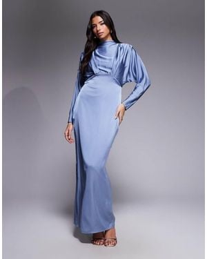 TFNC London Satin High Neck Tuck Detail Maxi Dress - Blue