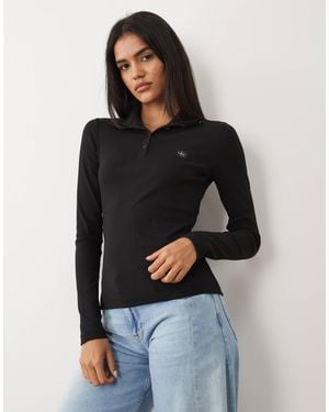 Calvin Klein Woven Label Long Sleeve High Neck Henley Top - Black