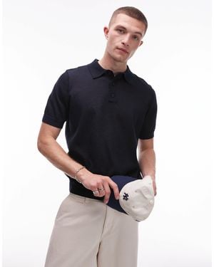 TOPMAN Linen Mix Knit Polo Shirt - Blue