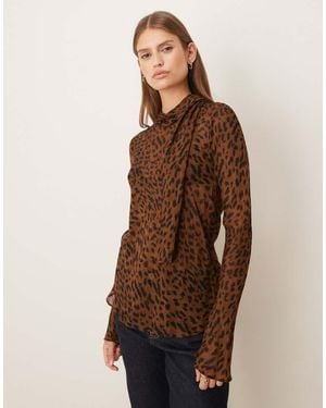 Mango Blusa De Manga Larga Con Cuello Alto Y Estampado De Leopardo De - Marrón