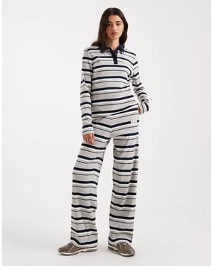 4th & Reckless Cotton Ribbed Logo Detail Ribbed Elasticated Waist Wide Leg Pants - White