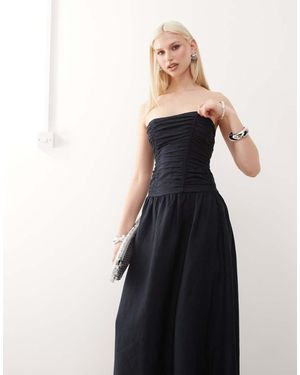 Lioness Vestido Largo Con Escote Palabra De Honor Y Cuerpo Fruncido De Mezcla De Lino Lush De - Azul