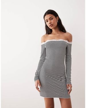 ASOS Off Shoulder Long Sleeve With Lace Trim Mini Dress - Gray