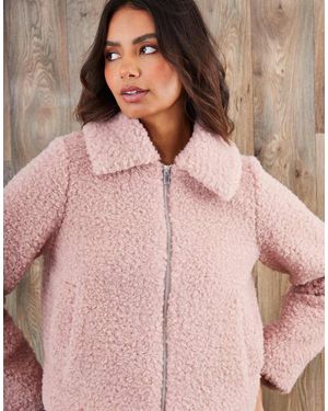 Threadbare Collared Zip Up Borg Bomber Jacket - Pink