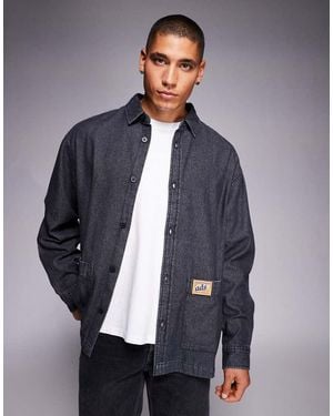 ASOS Oversized Denim Look Shirt With Badge Detail - Blue
