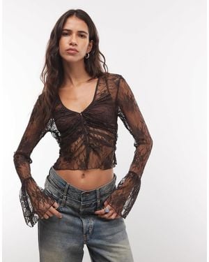 Monki Long Sleeve Sheer Lace Top - Black