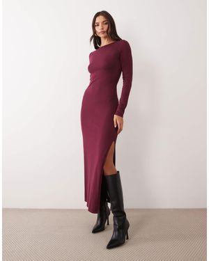 Kaiia Exclusive Knitted Slash Neck Long Sleeve Side Split Maxi Dress - Red