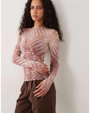 AFRM Top De Manga Larga Con Cuello Redondo De Malla Y Marrón - Rosa