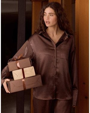 4th & Reckless Satin Pocket Front Button Through Shirt Co-ord - Brown
