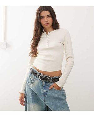 Collusion Long Sleeve Rib Henley Top - White