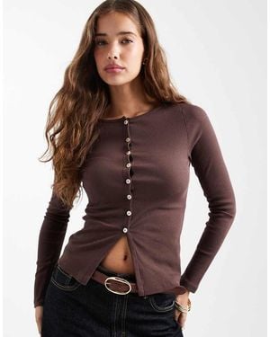 New Look Button Through Long Sleeve Top - Brown