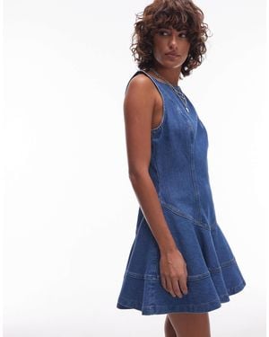 TOPSHOP Denim Slash Neck Dress With Drop Waist - Blue