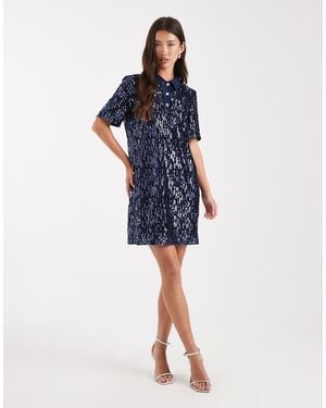 French Connection Velvet Sequin Mini Polo Dress - Blue