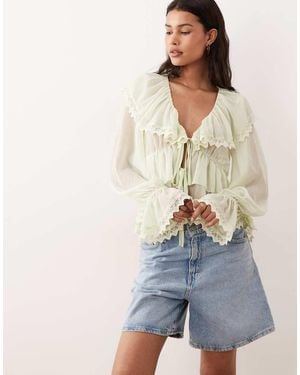 Miss Selfridge Chiffon Ruffle Tie Front Blouse - Grey