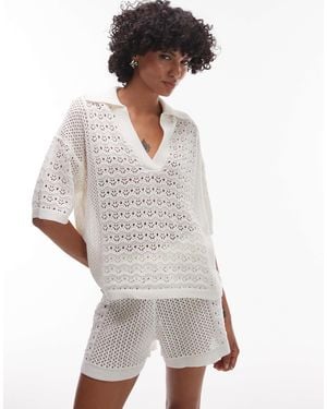 TOPSHOP Open Stitch Co-ord Polo Top - White