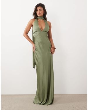 TFNC London Bridesmaid Satin V Neck Lace Up Open Back Detail Scarf Neck Maxi Dress - Green