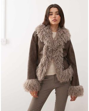 Reclaimed Vintage Faux Fur Trim Leather Look Short Jacket - Brown