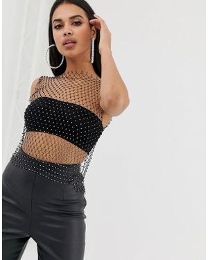 PrettyLittleThing Diamante Mesh Singlet Top In Black