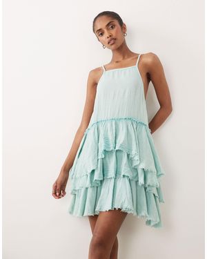 ASOS Double Cloth Washed Mini Sundress With Distressed Ruffles - Green