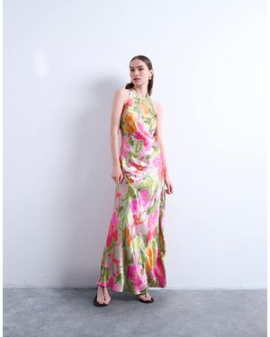 TOPSHOP – mehrlagiges neckholder-midikleid mit kontrast-design und blumenmuster - Weiß