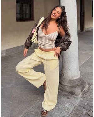 Bershka Linen Rich Trousers With An Elasticated Waistband - Metallic