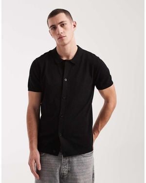 New Look Button Through Knitted Polo Top - Black
