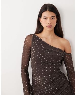 ASOS Printed Mesh Off-shoulder Mini Dress With Angel Sleeve - Brown