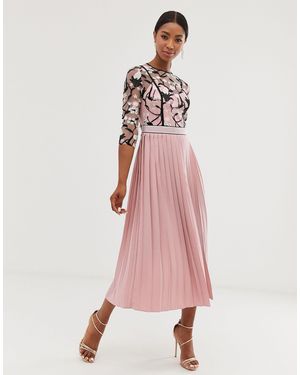Little Mistress Lace Embroidered Top 3/4 Sleeve Midi Dress With Pleated Skirt - Pink