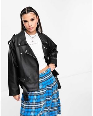 Noisy May Faux Leather Oversized Biker Jacket - Blue