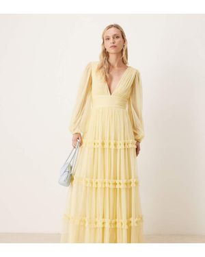 LACE & BEADS Tulle V Neck Sheer Sleeve Maxi Dress - Natural