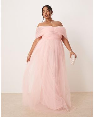 Lace & Beads Plus Bow Off Shoulder Tulle Maxi Dress - Pink