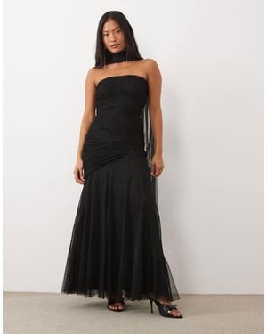 LACE & BEADS Tulle Strapless Ruched Scarf Detail Maxi Dress - Black