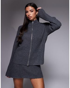 Kaiia Exclusive Ribbed Knit Zip Through Funnel Neck Cardigan Co-ord - Blue