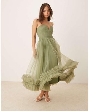 LACE & BEADS Corset Tulle Ruffle Hem Midaxi Dress - Green