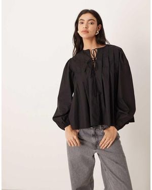 Glamorous Tie Front Long Sleeve Blouse - Black