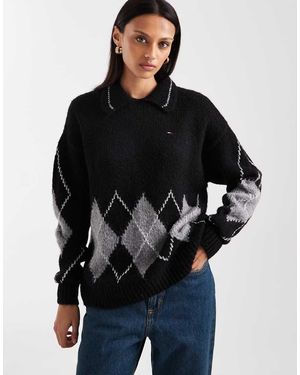 Tommy Hilfiger Argyle Knit Polo Jumper - Black