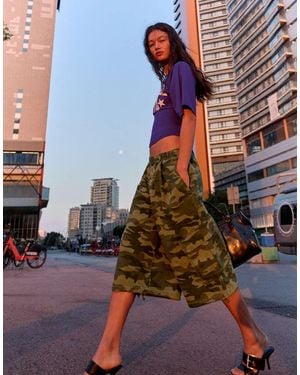 Bershka Printed Cargo Bermuda Shorts - Natural