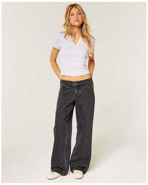 Hollister Andi Adjustable Waist Low-Rise Washed Polka Dot Waist Baggy Jeans - White